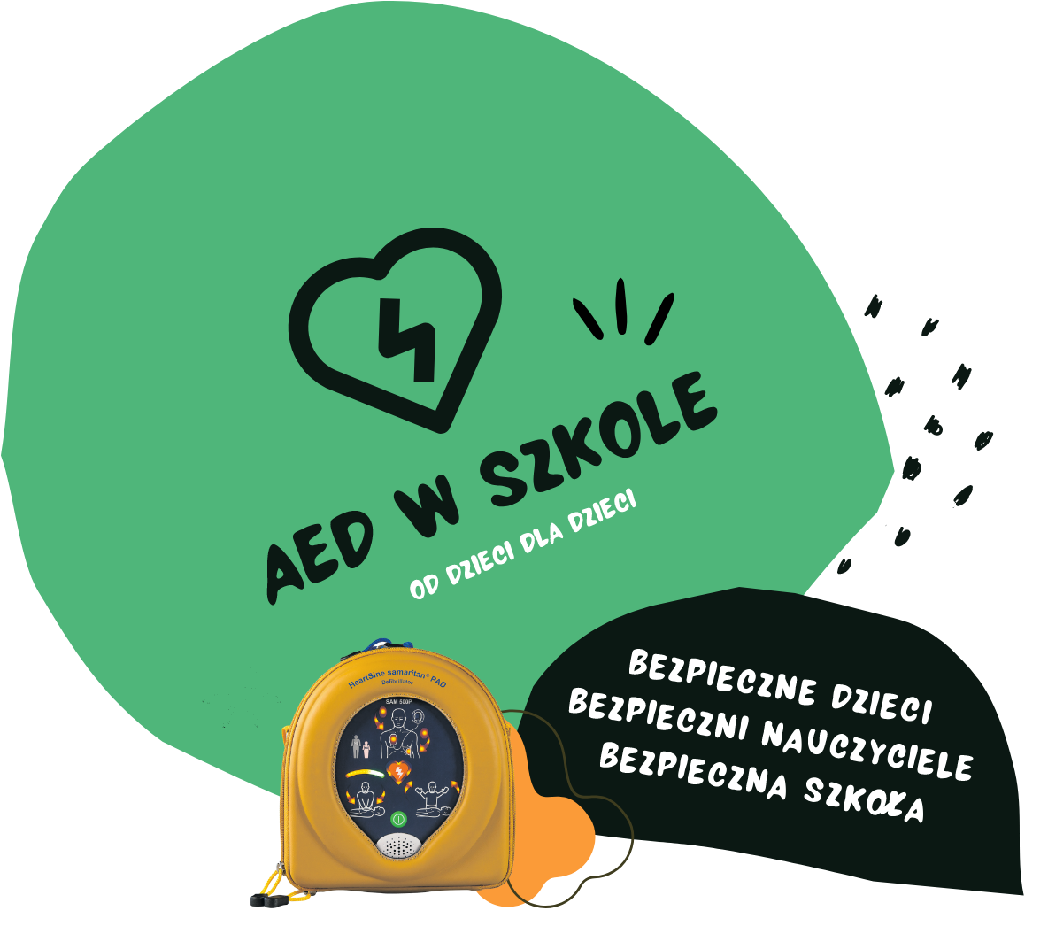 logo programu AED w szkole z hasłem od dzieci dla dzieci; grafika przedstawia defibrylator AED w żółtym futerale na tle zielonego kształtu serca z ikoną pioruna oraz wartości programu: bezpieczne dzieci, bezpieczni nauczyciele, bezpieczna szkoła
